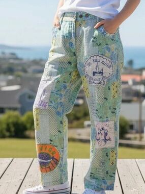 Patchwork Printed Casual Pants - Pastel Green Blue